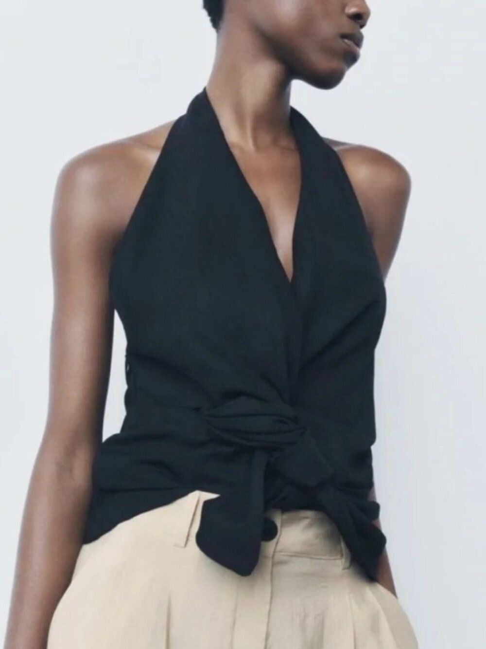 New Zara Wrap Halterneck V-Neckline Linen Blend Black Top XS NWT